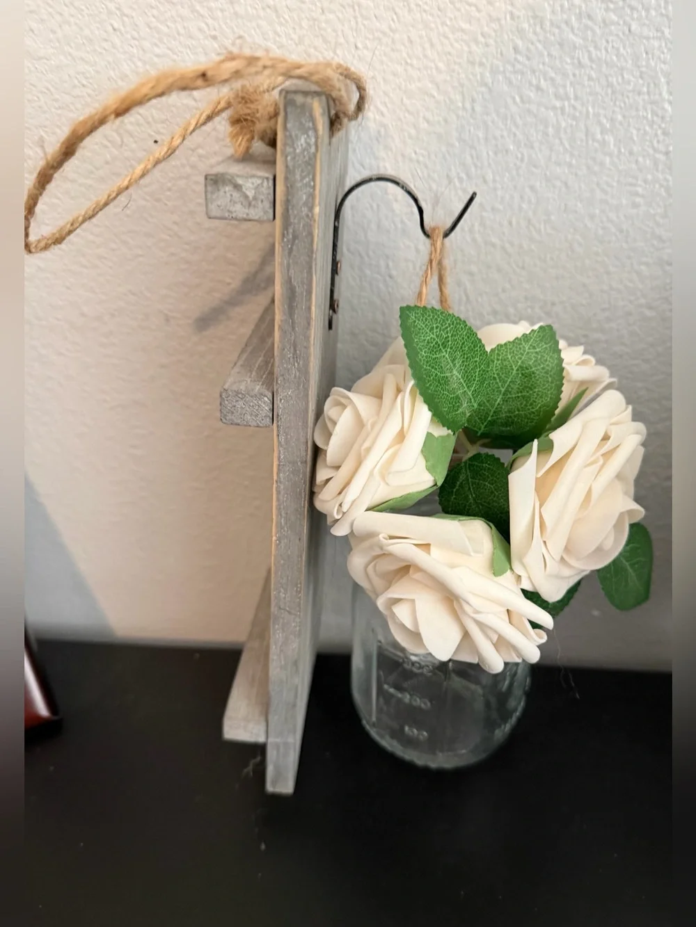 Wooden Hanging Mason Jar Vase with Cream Rose Bouquet